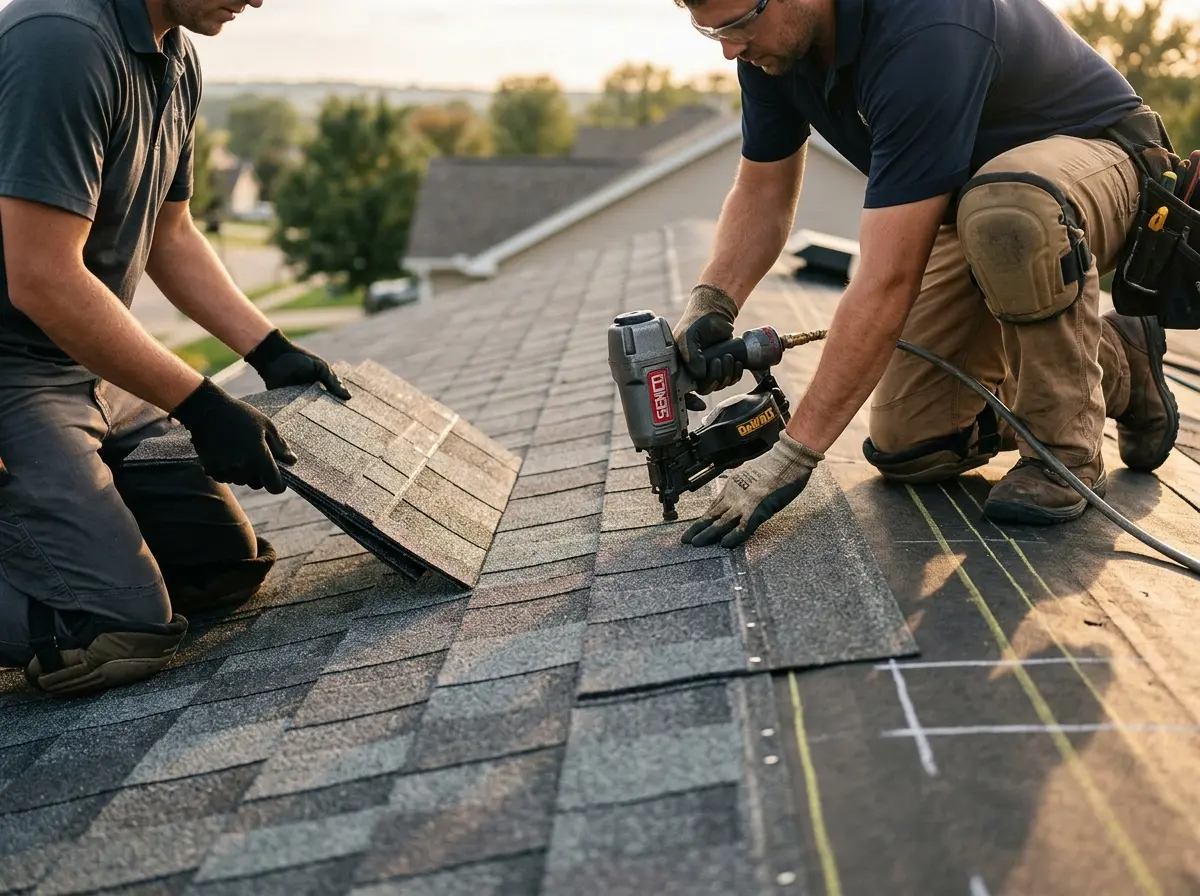 Professional roofer working on a residential roof in Round Rock